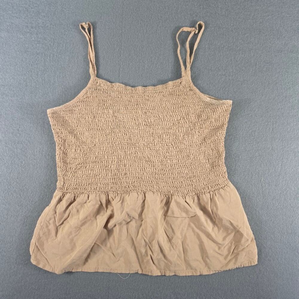 Womens Beige Tan Smocked Peplum Cami Tank Top Adjustable Straps Size M Viscose